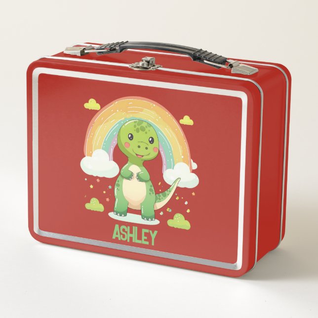 Farbenfrohe Rainbow-Dino mit Kindernamen Metall Brotdose (Vorderseite)