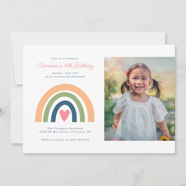 Farbenfrohe Rainbow Girl's Birthday - Foto Einladung (Vorderseite)