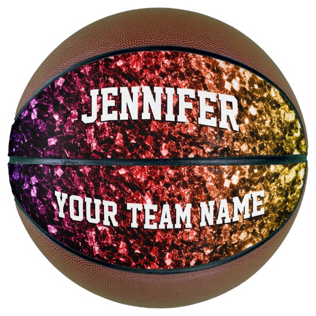 Farbenfrohe Rainbow-Glitzer-Glitzern Ihr Name Team Basketball (Vorderseite)