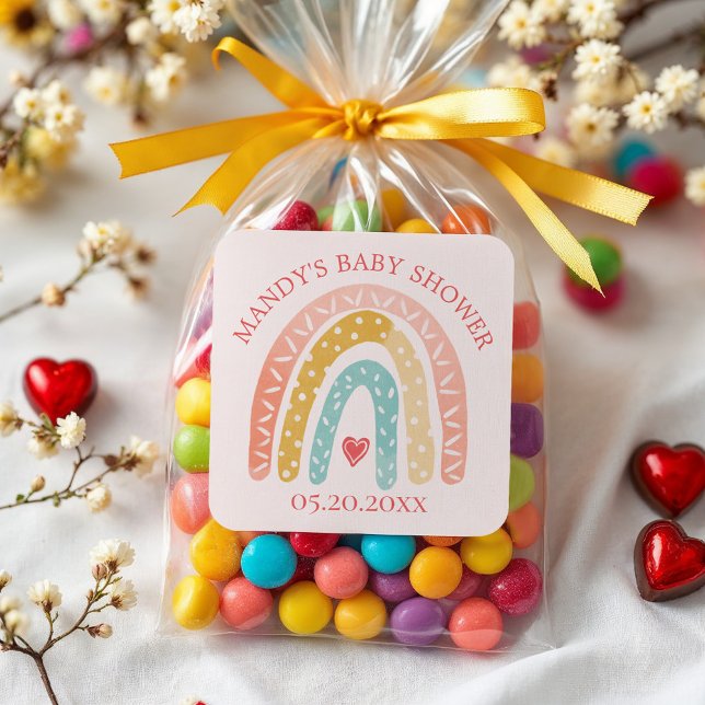 Farbenfrohe Rainbow & Heart Girl Baby Dusche Quadratischer Aufkleber (Colourful Rainbow & Heart Girl Baby Shower Square Sticker)