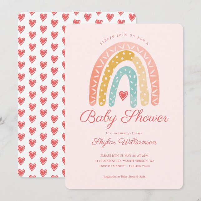 Farbenfrohe Rainbow & Hearts Girl Baby Dusche Einladung (Vorne/Hinten)