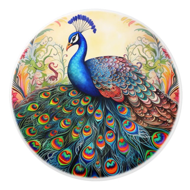 Farbenfrohe Rainbow Peacock Keramikknauf (Vorderseite)