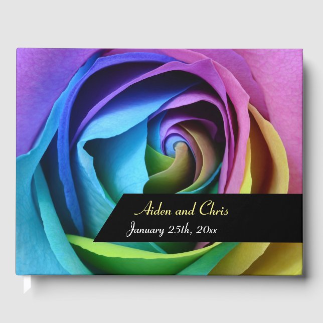 Farbenfrohe Rainbow-Rose-Blume Hochzeit der LGBT-E Gästebuch (Vorderseite)