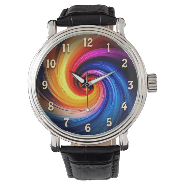 Farbenfrohe Rainbow Spiral Swirbelfarben Design Armbanduhr (Vorderseite)