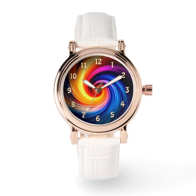 Farbenfrohe Rainbow Spiral Swirbelfarben Design Armbanduhr (Vorderseite)