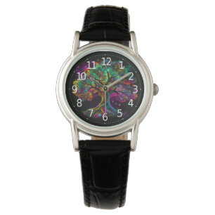 Farbenfrohe Rainbow Tree Fireflies Modernes Kunstw Armbanduhr