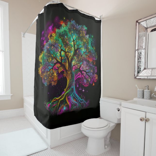 Farbenfrohe Rainbow Tree Fireflies Modernes Kunstw Duschvorhang (Beispiel)