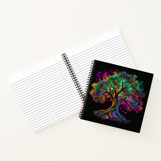 Farbenfrohe Rainbow Tree Fireflies Modernes Kunstw Notizbuch (Innenseite)