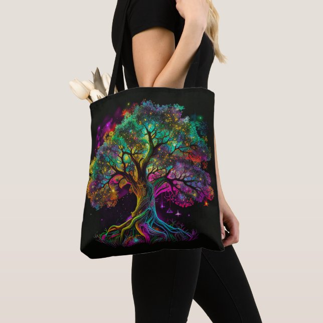 Farbenfrohe Rainbow Tree Fireflies Modernes Kunstw Tasche (Von Nahem)