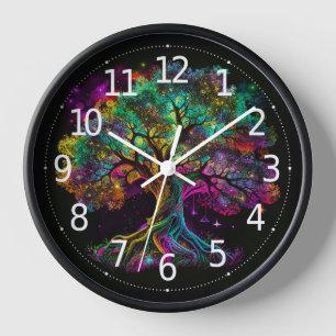 Farbenfrohe Rainbow Tree Fireflies Modernes Kunstw Uhr