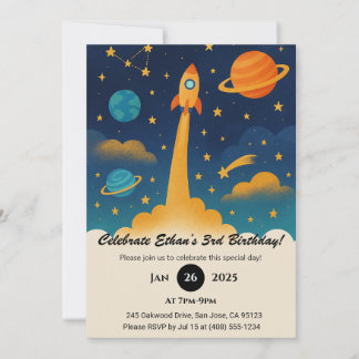 Farbenfrohe Raketenstart im Weltraum Geburtstag Einladung