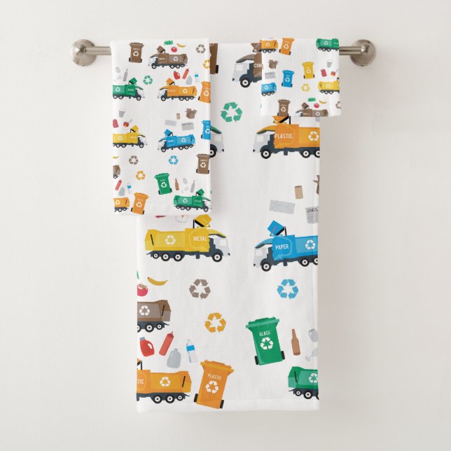 Farbenfrohe Recycelnd Garbage Trucks & Bins Badhandtuch Set (Insitu)