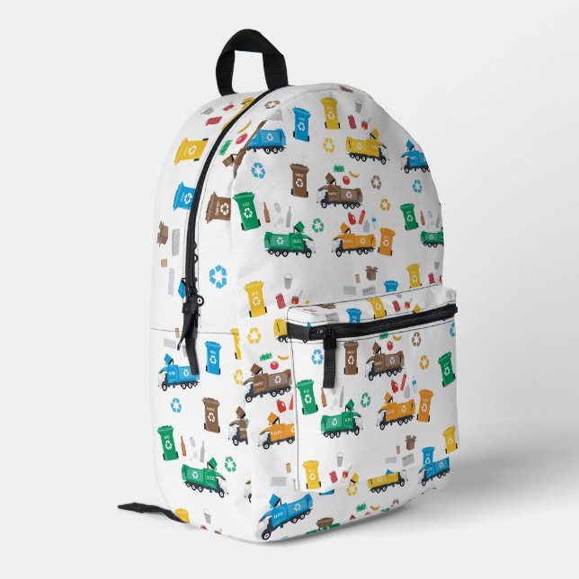 Farbenfrohe Recycelnd Garbage Trucks & Bins Bedruckter Rucksack (Rückseitige Ecke links)