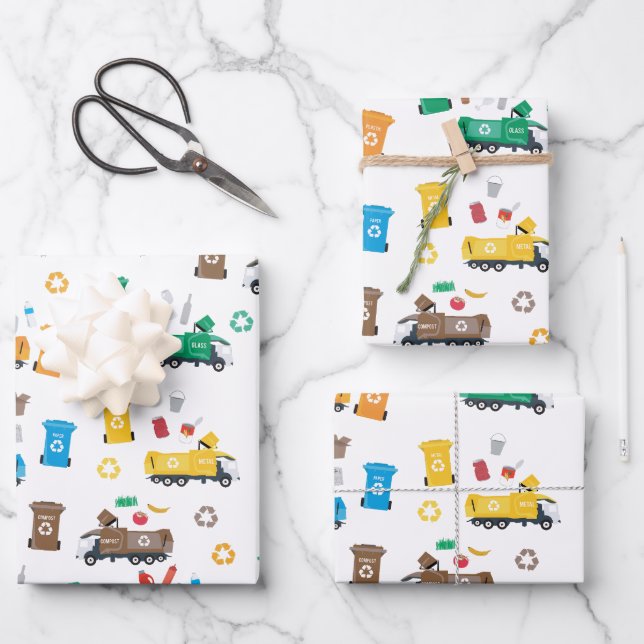 Farbenfrohe Recycelnd Garbage Trucks & Bins Geschenkpapier Set (Vorderseite)