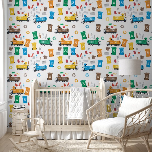 Farbenfrohe Recycelnd Mülltransporter Kinderzimmer Tapete (Kinder)