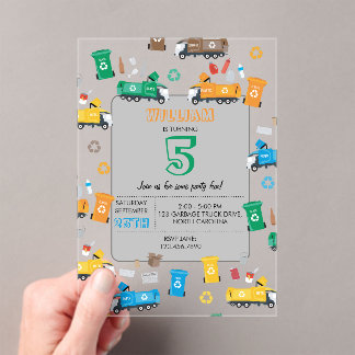 Farbenfrohe Recycelnd Müllwagen & Bins Geburtstag Acryleinladungen