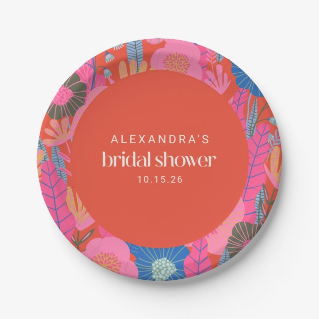 Farbenfrohe Red Boho Floral Custom Brautparty Pappteller (Vorderseite)