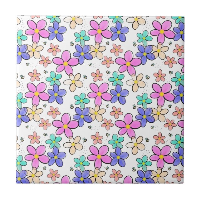 farbenfrohe Regenbogen-Blume Hummeln blühend Fliese (Vorderseite)