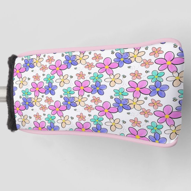 farbenfrohe Regenbogen-Blume Hummeln blühend Golf Headcover (Vorderseite)