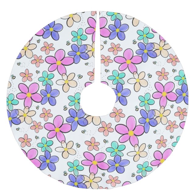 farbenfrohe Regenbogen-Blume Hummeln blühend Polyester Weihnachtsbaumdecke (Vorderseite)