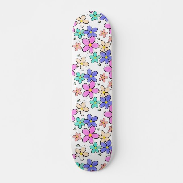 farbenfrohe Regenbogen-Blume Hummeln blühend Skateboard (Vorne)