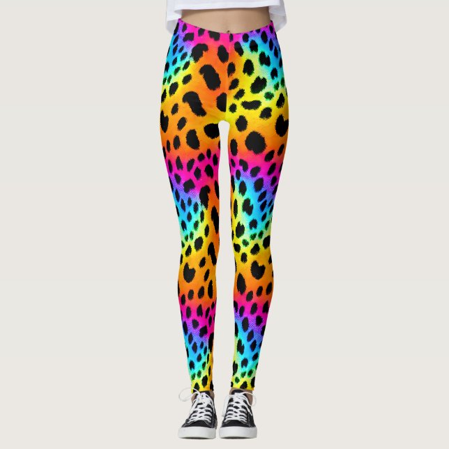 Farbenfrohe Regenbogen-Cheetah Nahtloses Muster Leggings (Vorderseite)