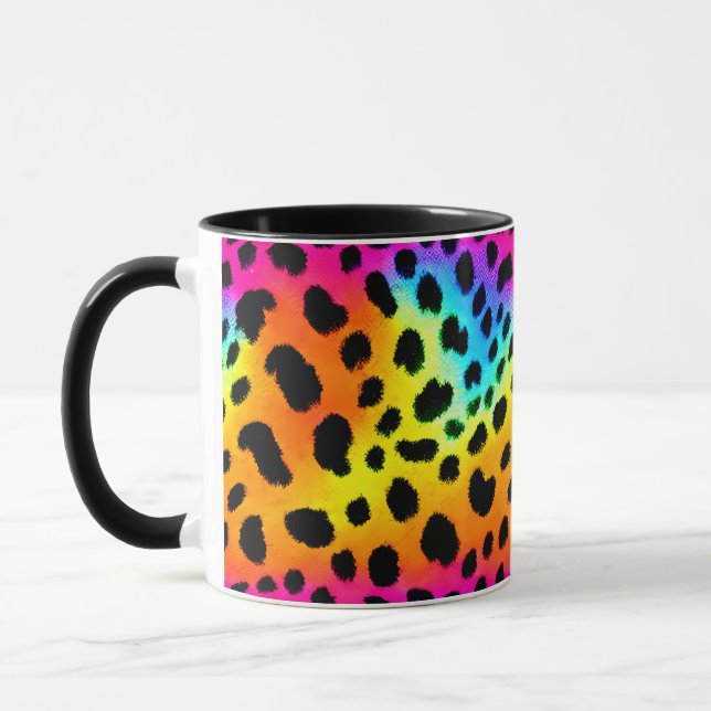 Farbenfrohe Regenbogen-Cheetah Nahtloses Muster Tasse (Links)