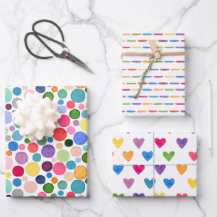 Farbenfrohe Regenbogen Confetti Dots Strip Liebe H Geschenkpapier Set