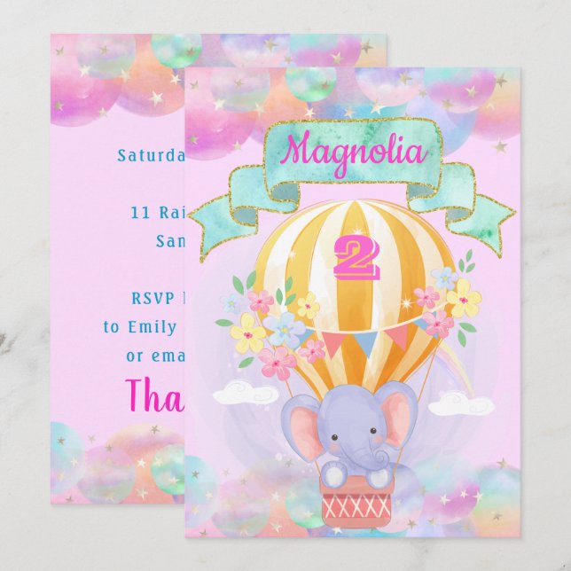 Farbenfrohe Regenbogen Einhorn Heißluftballon Elef Einladung (Vorne/Hinten)