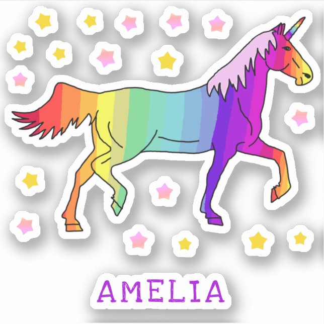 Farbenfrohe Regenbogen Einhornsterne Name Kids Sti Aufkleber (Vorderseite)