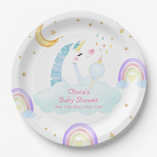 Farbenfrohe Regenbogen-Moon Star Unicorn Kinderdus Pappteller (Vorderseite)
