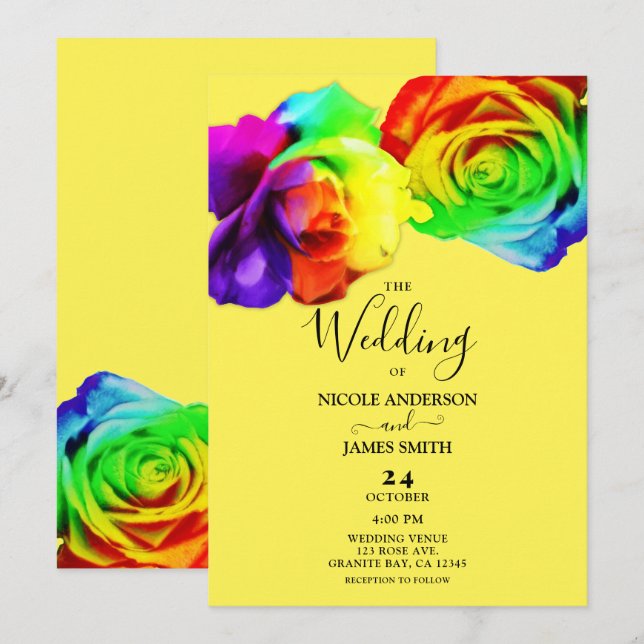 Farbenfrohe Regenbogen-Rose kühne Blumenzehen Einladung (Vorne/Hinten)