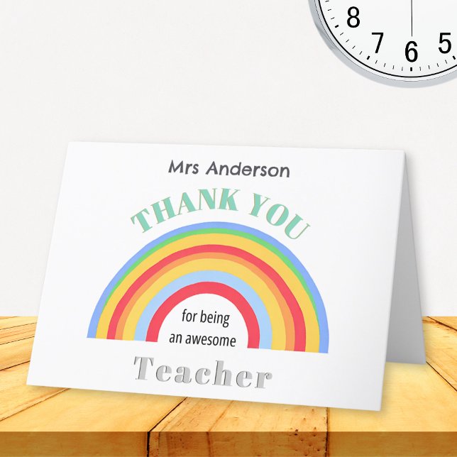 Farbenfrohe Regenbogen Vielen Dank Lehrer Wertschä Karte (A greeting card for a teacher, with colorful rainbow design. Add the teacher's name at the top.)