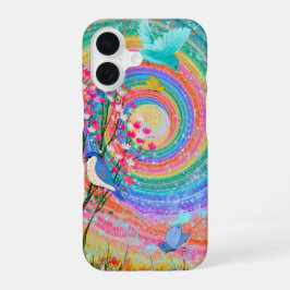 Farbenfrohe Regenbogen-Wildblumen Vögel Schmetterl iPhone 16 Hülle