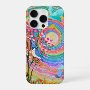 Farbenfrohe Regenbogen-Wildblumen Vögel Schmetterl iPhone 16 Pro Hülle