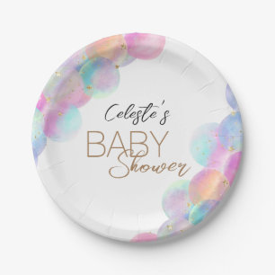 Farbenfrohe Regenbogenbläschen Weiße Babydusche Pappteller