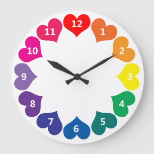 Farbenfrohe Regenbogenfarbenherzen auf Weiß Große Wanduhr