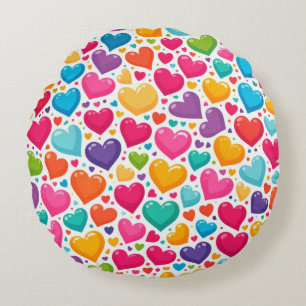 Farbenfrohe Regenbogenherzen Valentines Rundes Kissen