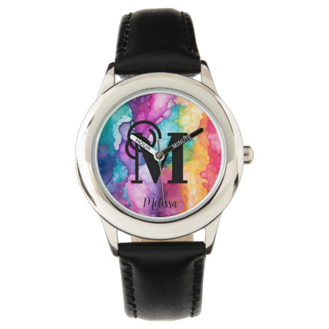 Farbenfrohe Regenbogenmonogramm Armbanduhr (Vorderseite)