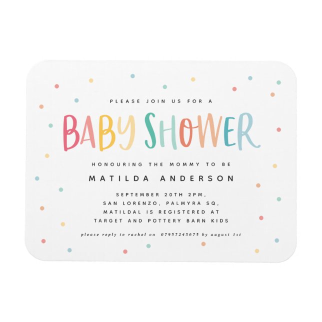 Farbenfrohe Regenbogenpolka Dot Baby Dusche Einlad Magnet (Horizontal)