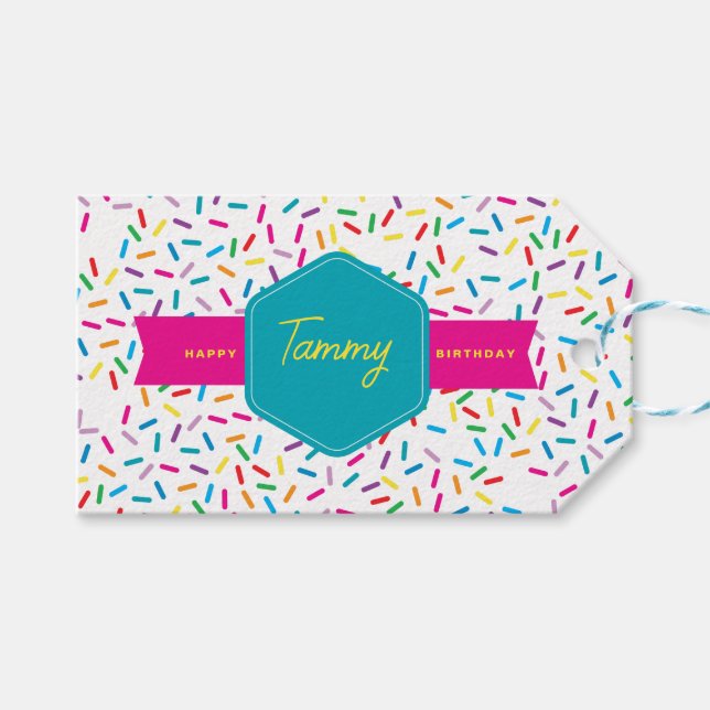 Farbenfrohe Regenbogensprinklen Geburtstagsparty Geschenkanhänger (Vorderseite (Horizontal))