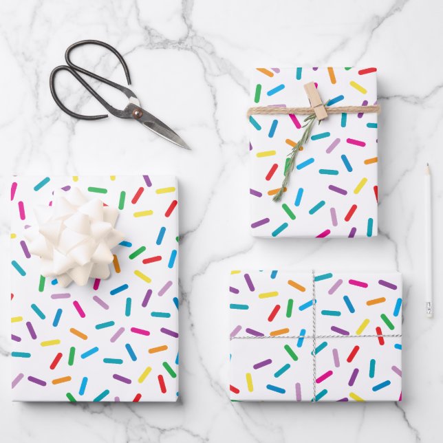 Farbenfrohe Regenbogensprinklen Muster Geschenkpapier Set (Vorderseite)