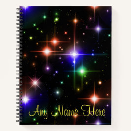 Farbenfrohe Regenbogenstars mit Name Fantasy Night Notizbuch