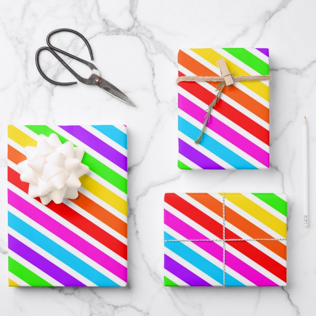 Farbenfrohe Regenbogenstreifen Geschenkpapier Set (Vorderseite)