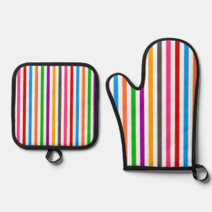 Farbenfrohe Regenbogenstreifen-Linien-Design - Wei Ofenhandschuh & Topflappen-Set