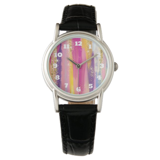 Farbenfrohe Regenbogenstreifen mit Imitaten Gold G Armbanduhr (Vorderseite)