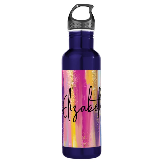 Farbenfrohe Regenbogenstreifen mit Imitaten Gold G Edelstahlflasche (Vorderseite)