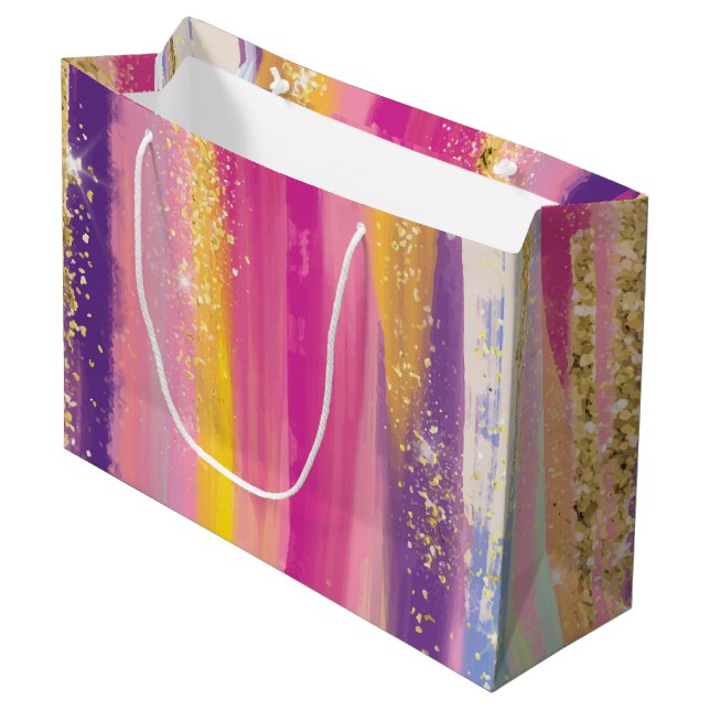 Farbenfrohe Regenbogenstreifen mit Imitaten Gold G Große Geschenktüte (Vorderseite Schrägansicht)