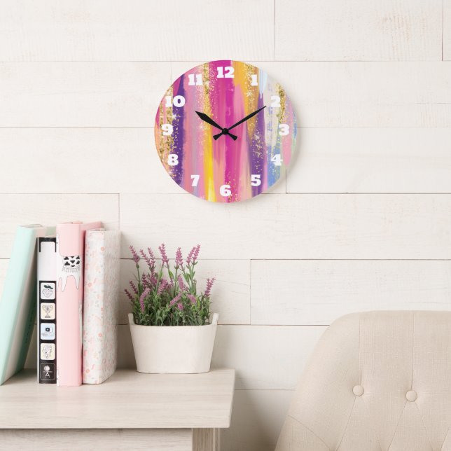 Farbenfrohe Regenbogenstreifen mit Imitaten Gold G Große Wanduhr (Lesesaal)