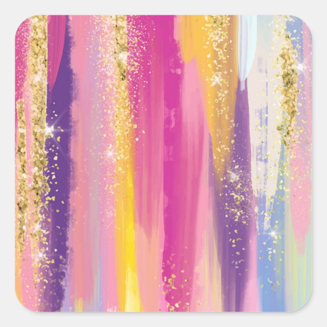 Farbenfrohe Regenbogenstreifen mit Imitaten Gold G Quadratischer Aufkleber (Vorderseite)